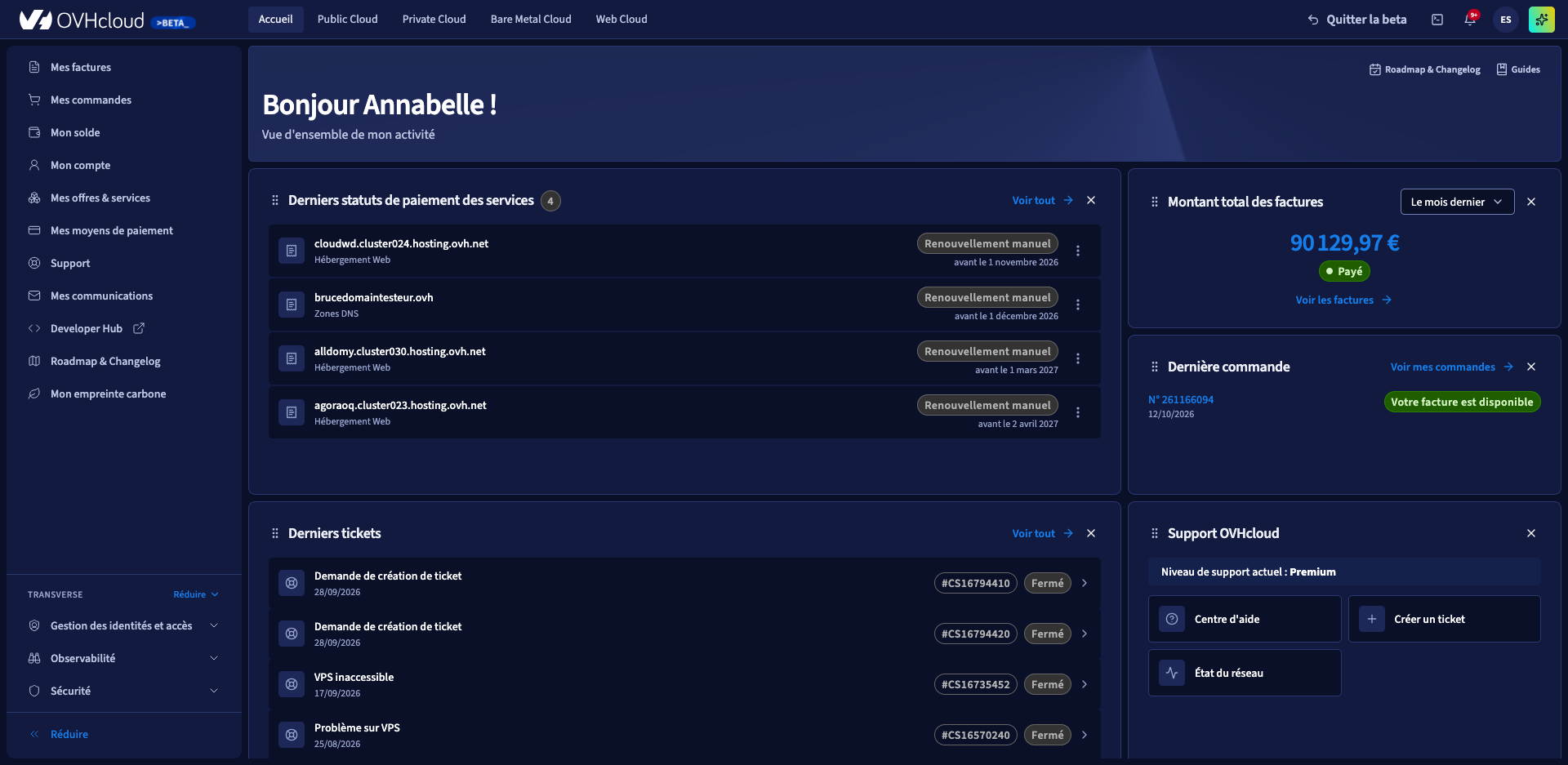 Console OVHcloud en mode sombre