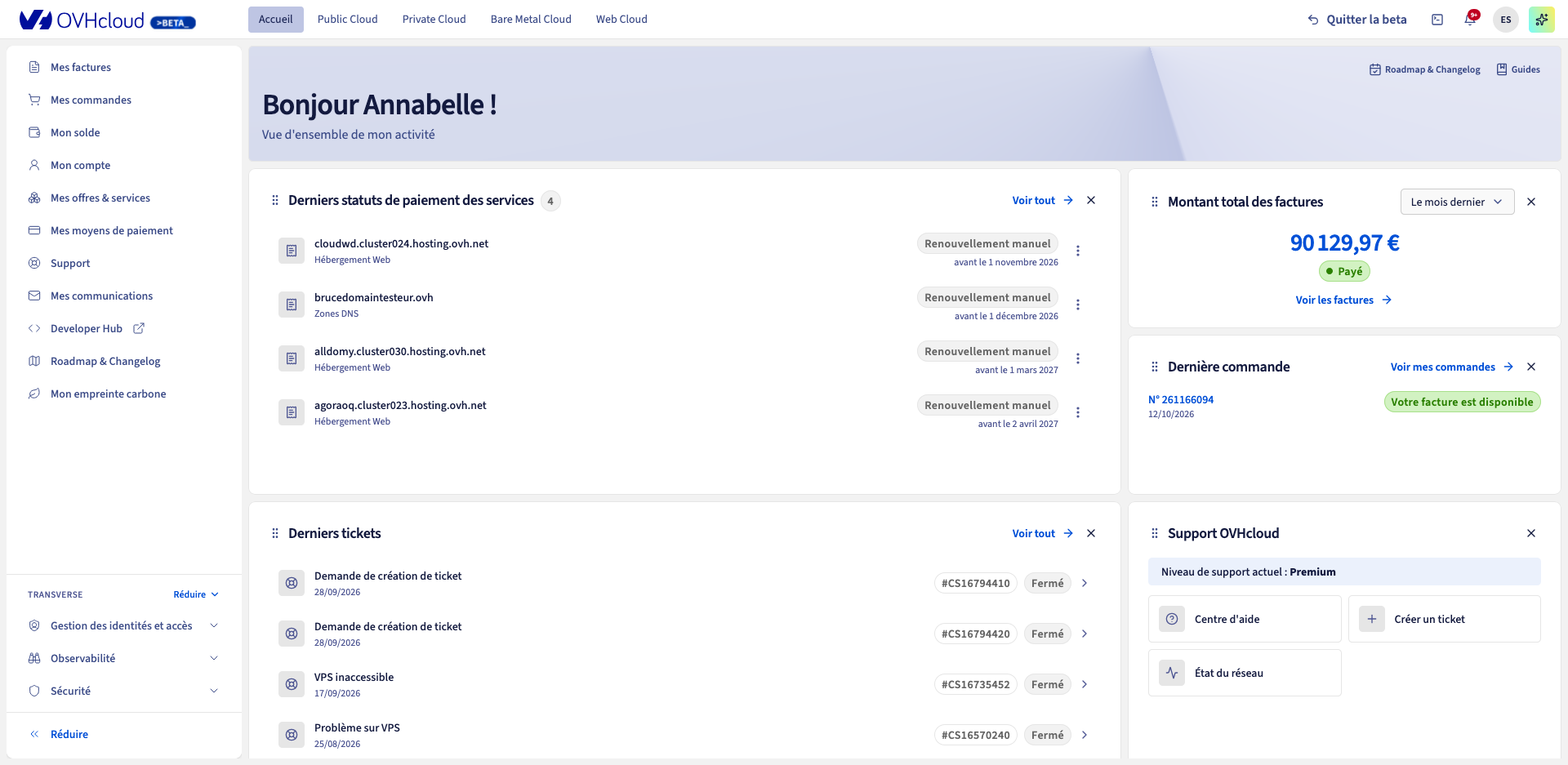 Même console OVHcloud en mode clair